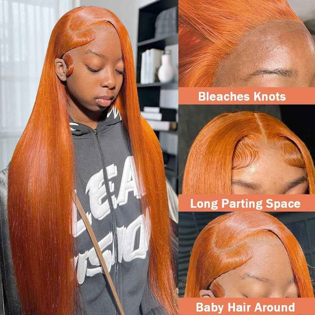 28 Inch Ginger Orange Lace Front Wigs Human Hair Pre Bleached 200% Density 13x6 HD Straight Lace Front Wigs Pre Plucked with baby Hair