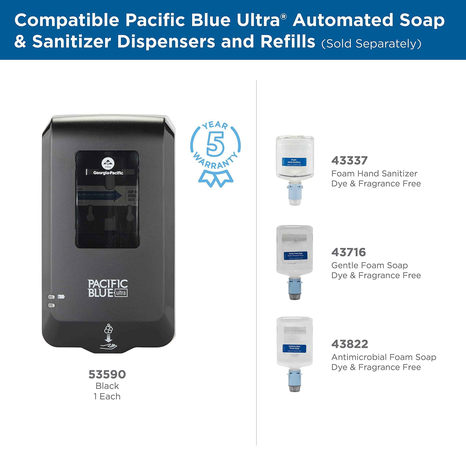 Georgia-Pacific-43822 Pacific Blue Ultra Antimicrobial Foam Soap Refills for Automated Touchless Soap Dispenser, Dye and Fragrance Free, 3 Bottles/Case