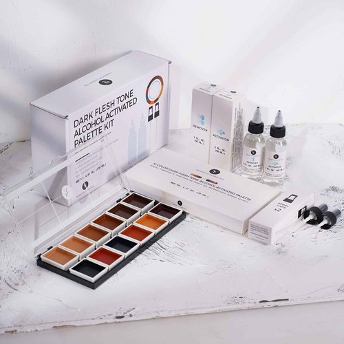 Narrative Cosmetics 12 Color Dark Flesh Tone Alcohol Activated Makeup Palette Kit - Includes Alcohol Activator and Moisturizing Remover - Waterproof Makeup for Professional Makeup Artists