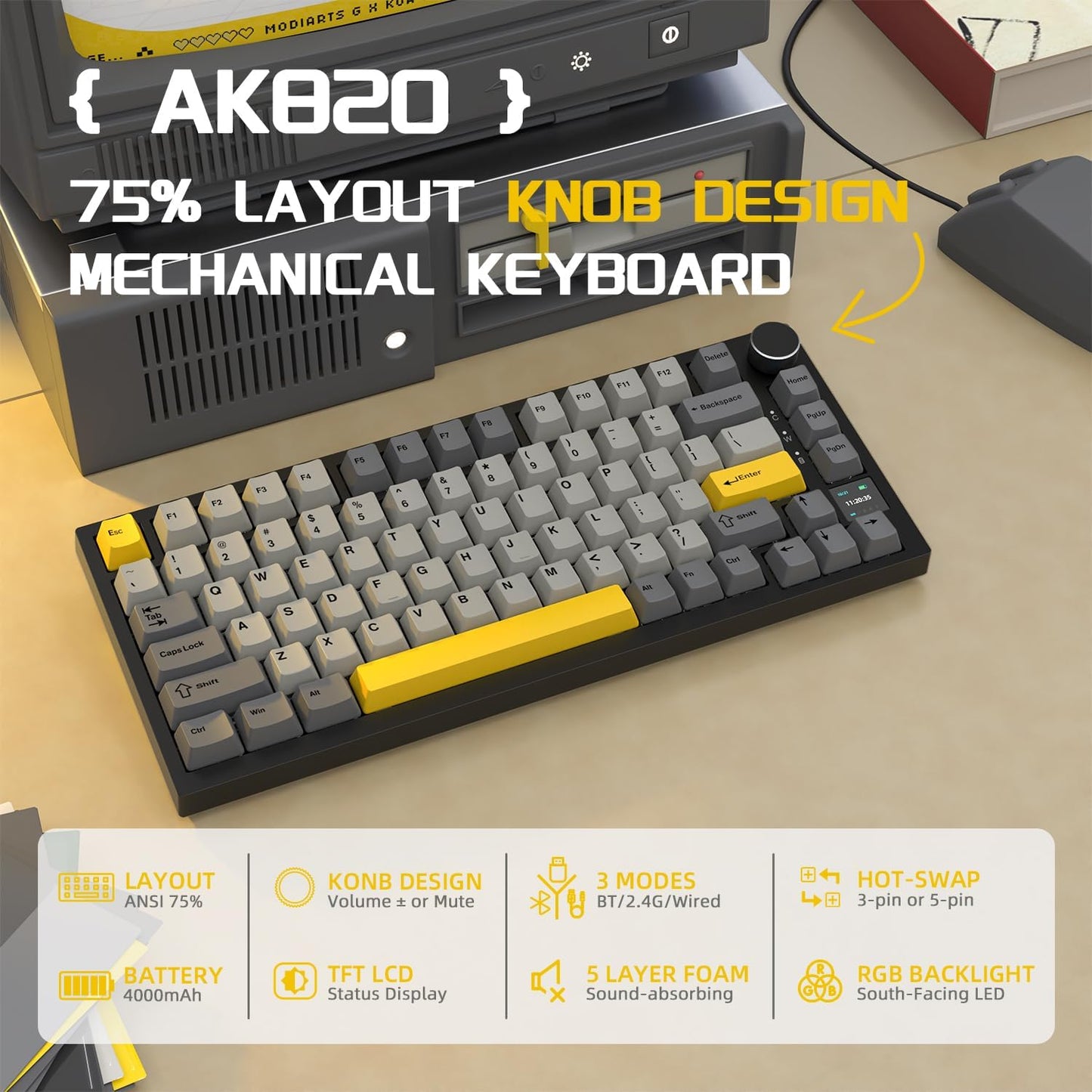 Attack Shark ajazz AK820 Pro 75% Mechanical Keyboard and Coiled Cable Hot Swappable Wireless 2.4GHz/Bluetooth/Wired TFT Screen & Knob Flying Fish Switch RGB Gasket Mount Custom Keyboard-Black