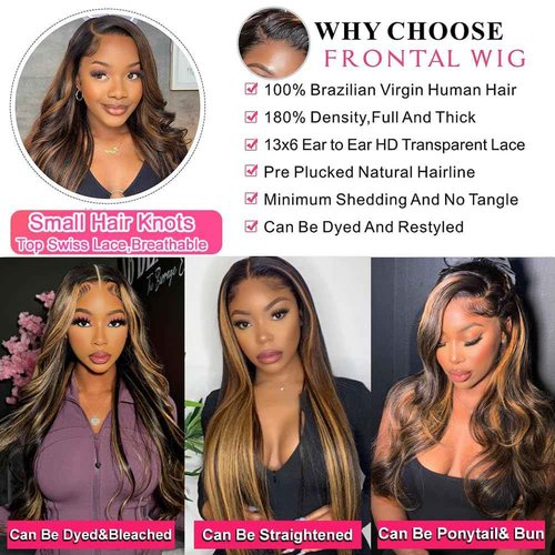 miear Ombre Highlight Lace Front Wigs Human Hair 13x6 Body Wave 1B/30 Lace Front Wig 180% Density HD Transparent Lace Frontal Wigs Human Hair Balayage Wig for Black Women 20 inch