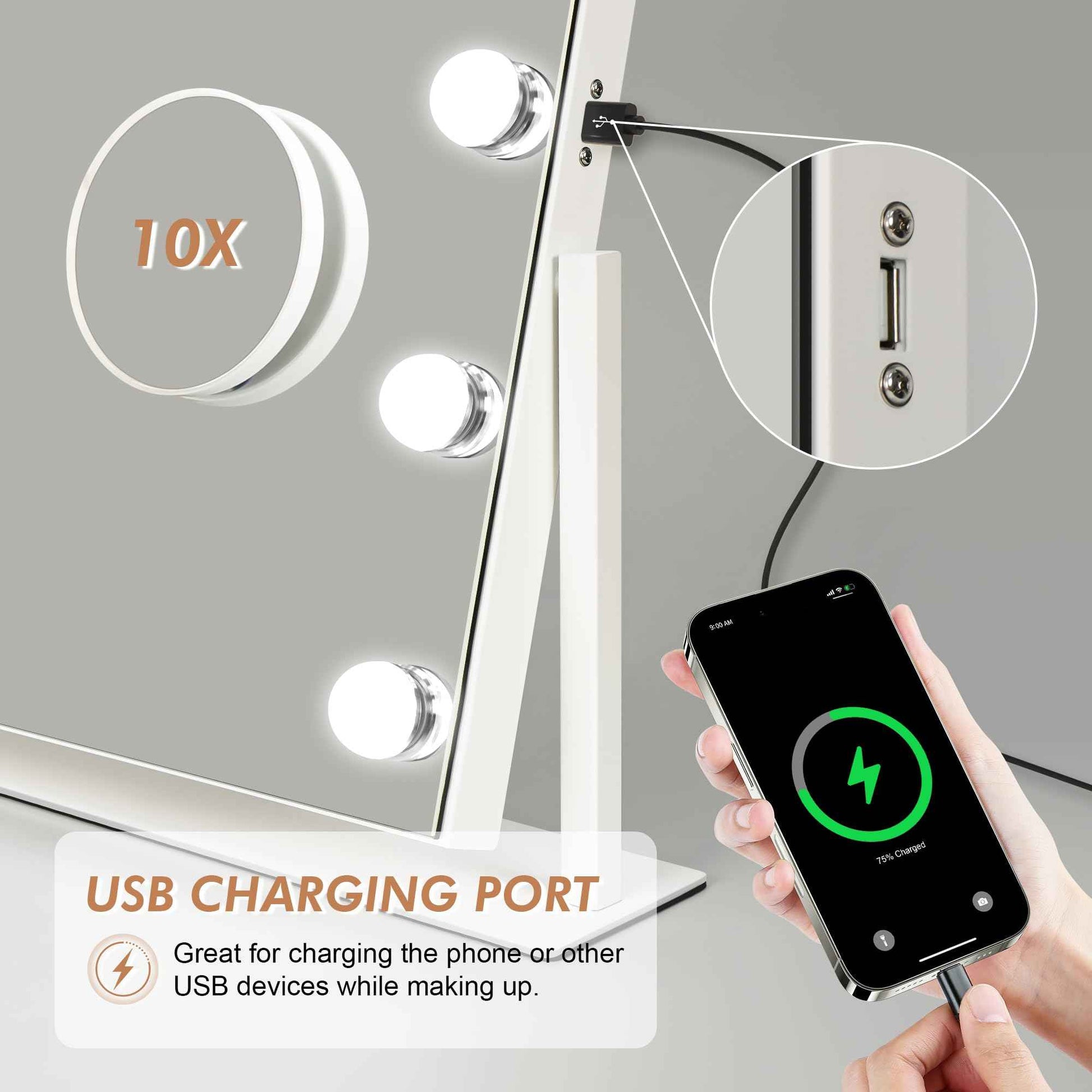 Hollywood Makeup Mirror with Lights,22" X 17" Lighted Vanity Mirror with 3 Light Modes, Detachable 10X Zoom Magnifying Mirror, 360 Rotatable, Metal Frame,Touch Control,AC-Powered, Gifts, White