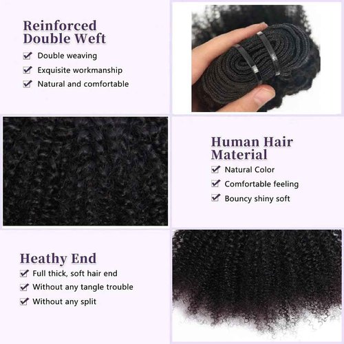Mongolian Afro Kinky Curly Bundles Human Hair 12 14 16 Inch 4B 4C Afro Kinky Human Hair Bundles Afro Curly Weave Bundles Unprocessed Virgin Hair Extensions for Black Women Natural Color
