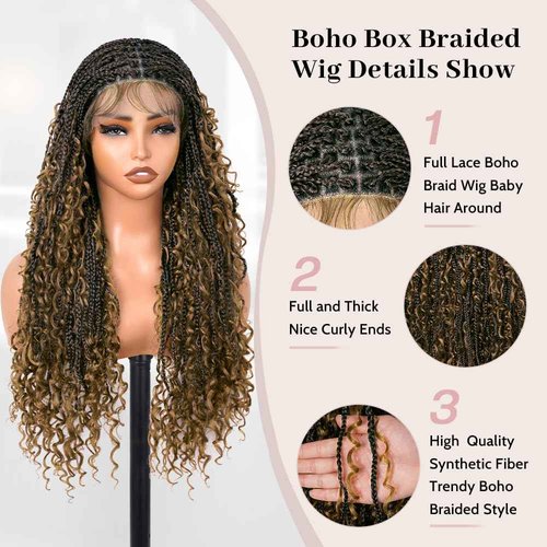 Suntefic Boho Box Braided Wigs for Black Women Glueless Double Full Lace Human Hair Blended Lightweight Hand Braid Wig with Baby Hair (4-#27, 28 In)