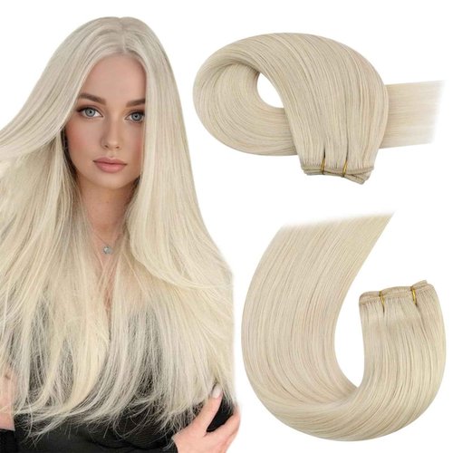 Moresoo Weft Hair Extensions Human Hair Blonde Double Weft Sew in Human Hair Extensions Golden Platinum Blonde Hair Wefts Human Hair Sew in Extensions Blonde Remy Hair 100G 22Inch