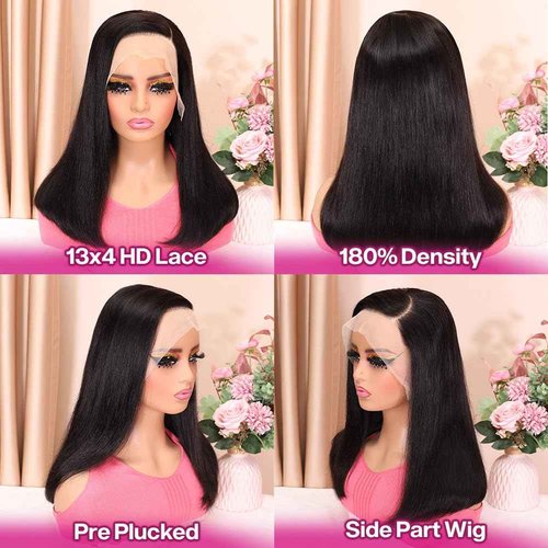 Hihmarm 13x4 HD Lace Front Wigs Human Hair Pre Plucked Bob Wig Human Hair Glueless Wigs For Black Women 180 Density Straight Frontal Wigs Black Wig Human Hair Nature Hairline (Black, 16 Inch)