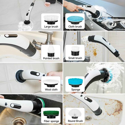 8 - in - 1 Electric Spin Scrubber, Cordless Cleaning & Shower Scrubber with Adjustable Handle, IPX7 Waterproof for Bathroom, Tile, Car, Kitchen, Floor, Tub | 8 Brush Heads, Powerful Horsepower