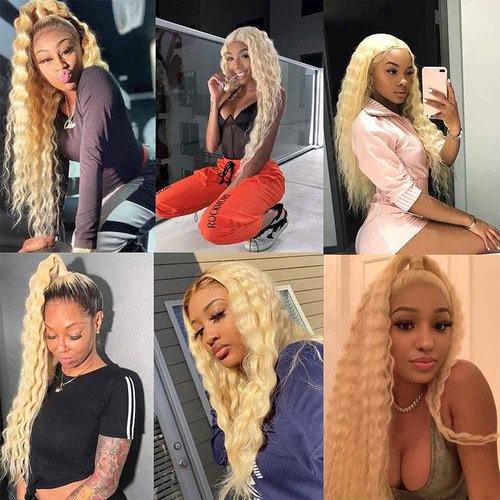 #613 Blonde Bundles Deep Wave Bundles Human Hair 34 34 34 Inch Unprocessed Brazilian Virgin Weave Hairs Honey Blonde 3 Bundle 50 Gram Per Bundle Human Hair Extensions