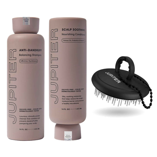 Jupiter Anti Dandruff Shampoo, Conditioner, & Scalp Scrubber for Flaky, Itchy & Dry Scalp - Hydrates & Reduces Flakes - Scalp Treatment & Hair Care Set - Color-Safe, Sulfate-Free, Paraben-Free