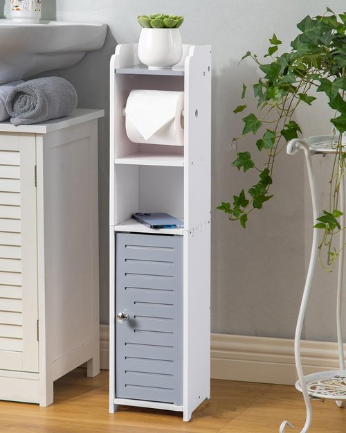 AOJEZOR Toilet Paper Holder Stand: Small Bathroom Storage Cabinet - Light Grey - White