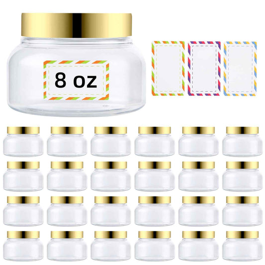 48 Pack 8 Oz Plastic Containers With Lids and Waterproof Label BPA Free - Refillable Transparent Cosmetic Containers for Body Butter,Sugar Scrubs,Cream,Lotions,Candy,Bath Salt (48, Gold)