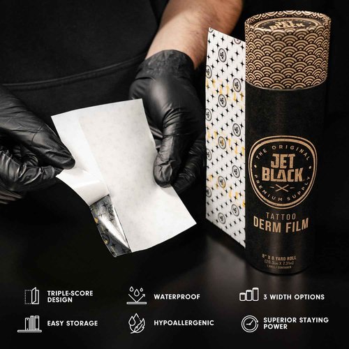 Jet Black Derm Film Tattoo Aftercare Wrap (10" x 8 yd) – Breathable Waterproof Adhesive Bandage with Triple-Score Backing, Easy-Dispense Tube, Hypoallergenic Tattoo Healing Film