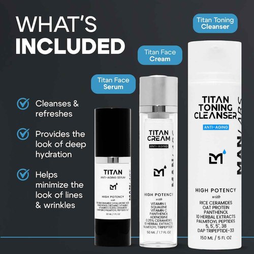 Man Labs Titan Anti-Aging Mens Skin Care Kit – Cleanser, Face Serum, Mens Face Moisturizer – Men, Skin Care Set – Dark Spots, Wrinkles, Fine Lines – Vitamin C, Niacinamide, Ceramides, HA – Unscented