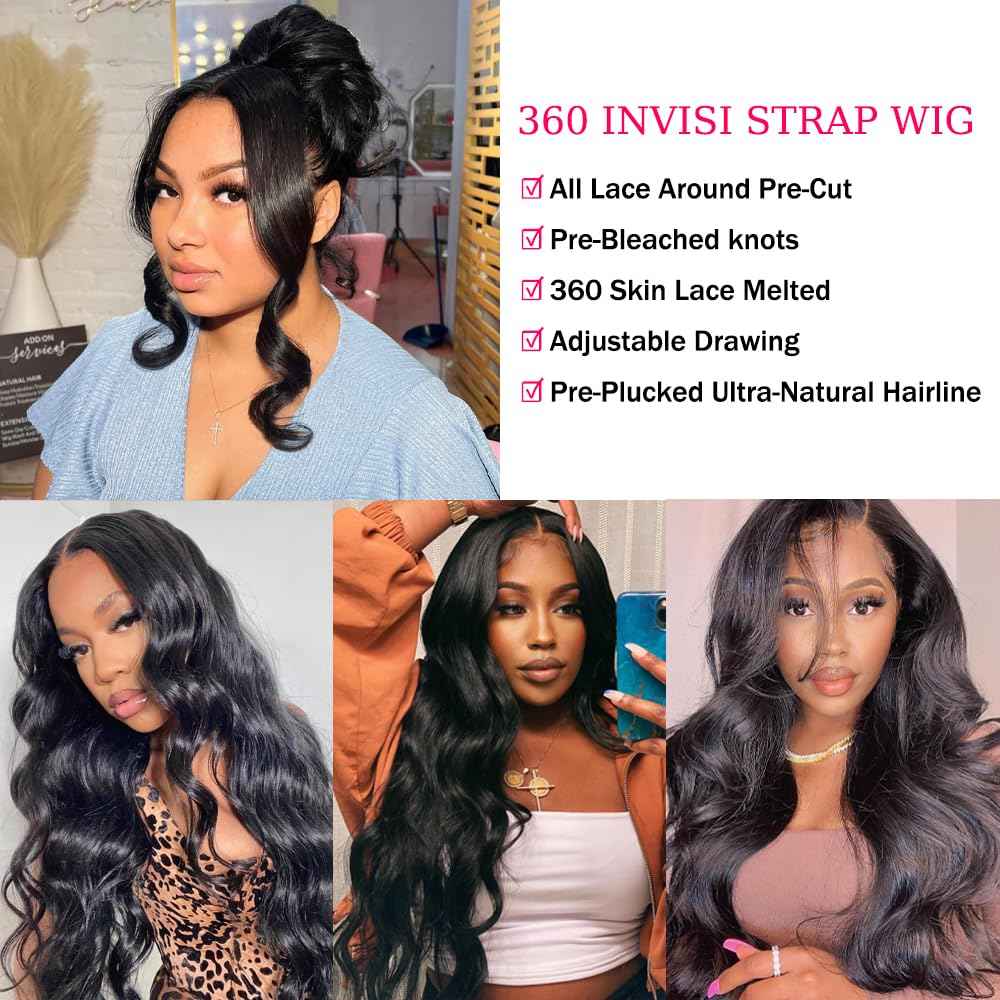 360 Lace Front Wigs Human Hair Body Wave Hidden Strap 360 Glueless Wig Human Hair Full Lace Pre-Bleached Knots Pre-Cut Pre-Plucked HD Lace Natrual Black Color 22 inches