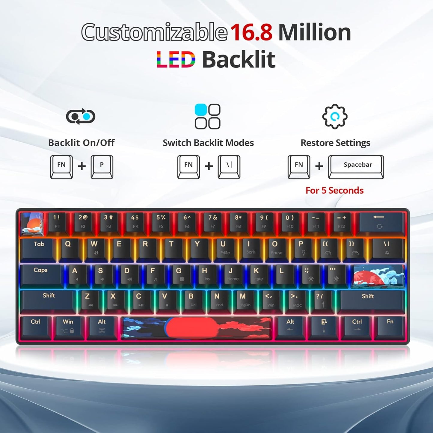 60 Percent Gaming Keyboard Mechanical with Linear Red Switch, 65% Wired Ultra-Compact Mini Keyboard Rainbow with PBT Keycaps for Ps4/Ps5/Xbox(68 MonsterB)