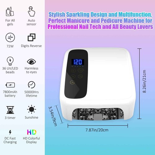 Interchangeable Light Panel & Battery - Cordless Rechargeable 72W UV LED Nail Lamp with Metallic Reflector & Base, Professional Salon-Grade Wireless Gel Nail Dryer Fast Curing Light (White)