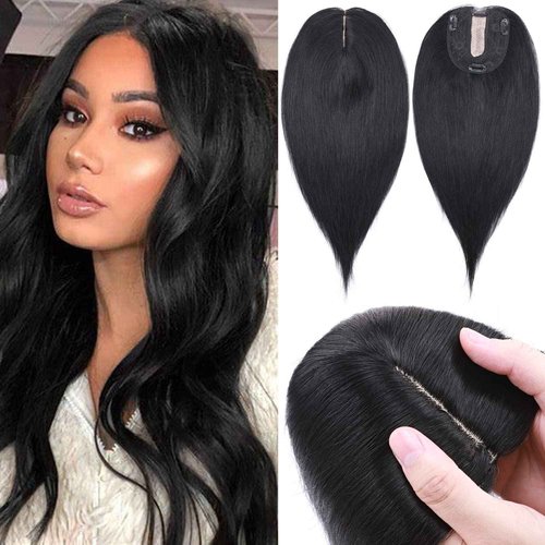 SEGO Clip in Hair Topper for Women, No Bangs Remy Human Hair Toppers, Silk Base Top Wiglet Hairpieces for Hair Loss Thinning Cover Grey 4 Clips