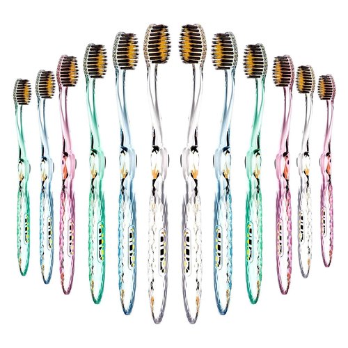Nano-b Manual Toothbrush Set for Adults with Sensitive Gums, Gold & Charcoal Soft/Medium Bristles, Travel Cases, Blue, Pink, Green, Crystal, 12-Pack