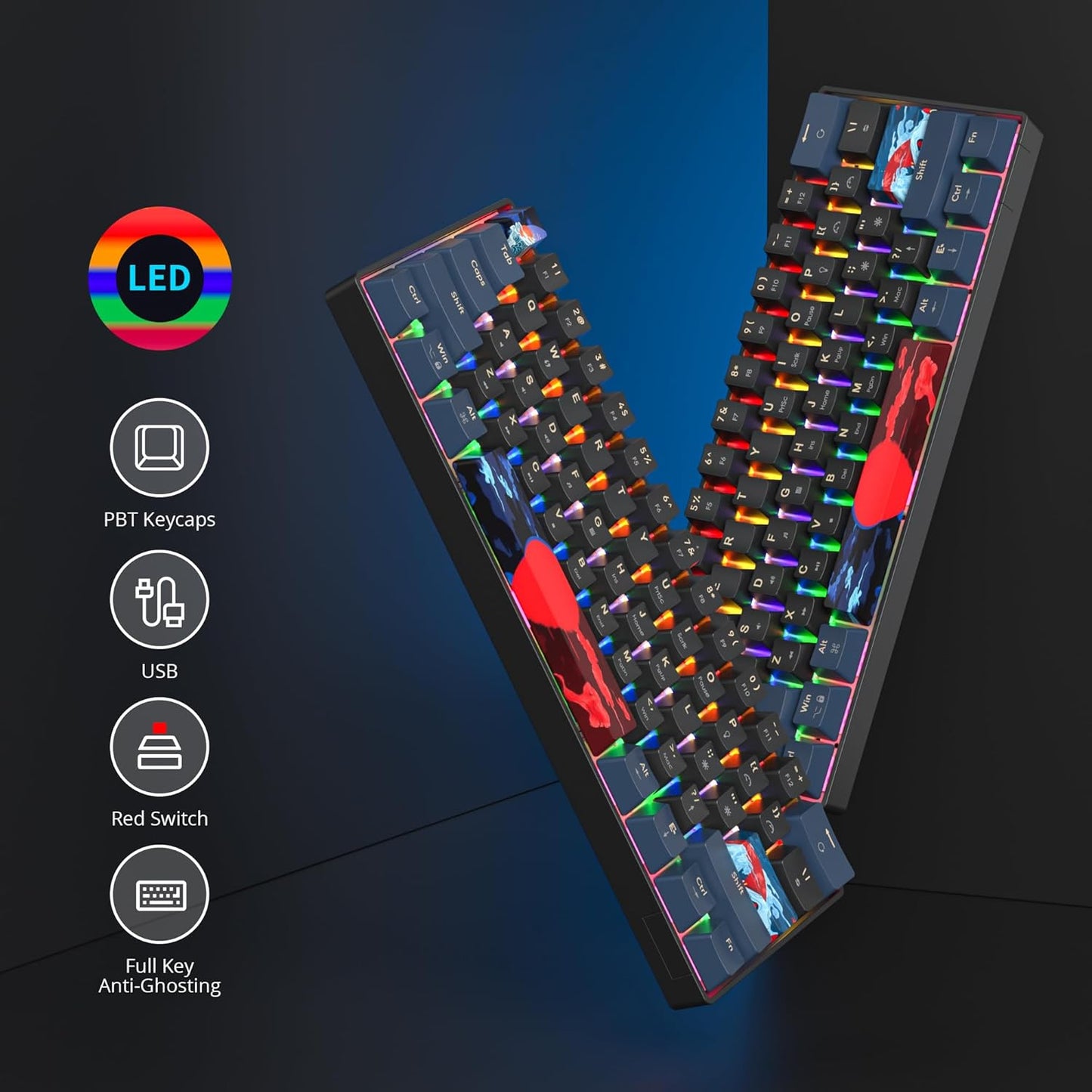 60 Percent Gaming Keyboard 61 Keys Wired Mechanical Keyboard Ultra Compact Key Board Red Switch LED Backlit for Windows Laptop Gamer