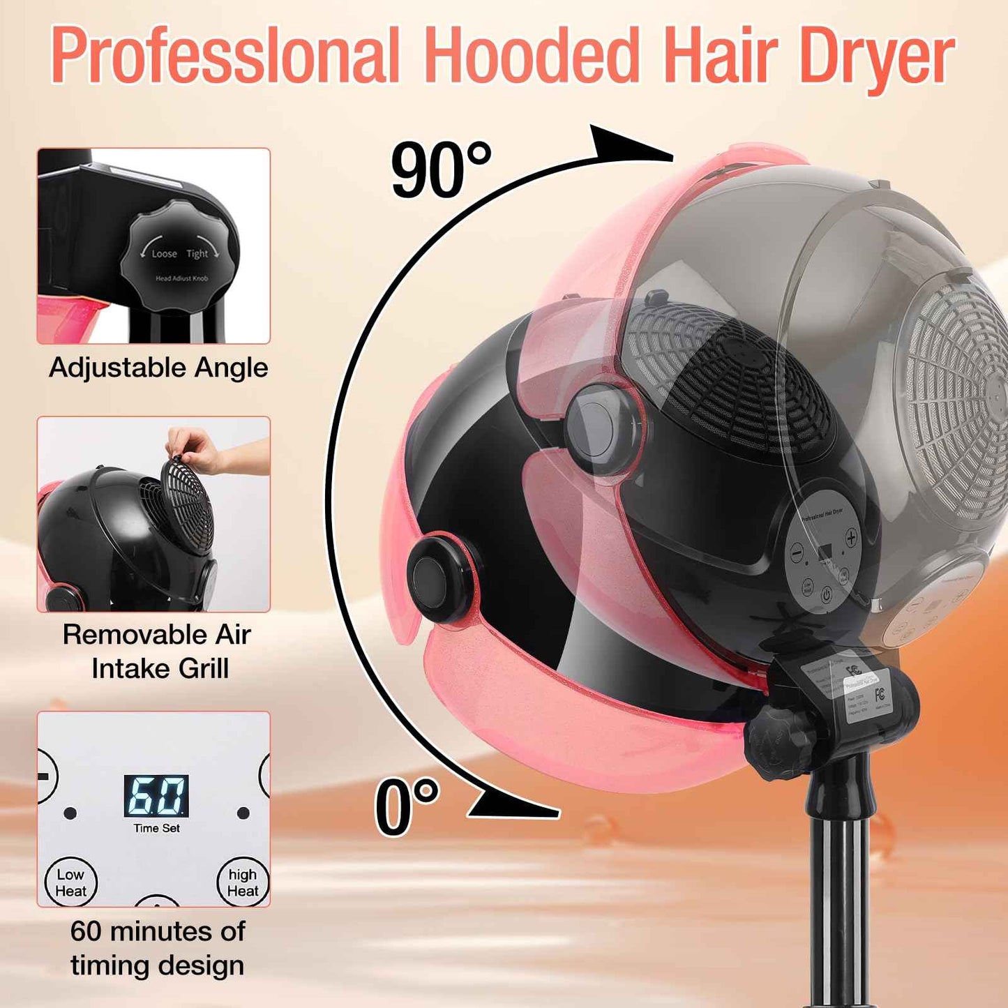 Hooded Hair Dryer, Standing Hair Dryer with 3 Modes and Time Setting, Professional Hooded Dryer with Touch Controls for Home and Salon Use, Pink