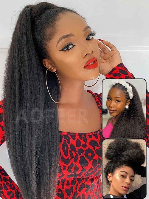 AOFEER Kinky Straight 3 in 1 Half Wig Human Hair 200 Density Upgrade Headband Wig No Glue Seamless Flip Over Yaki Straight Wig with Drawstring Wear and Go Glueless Wigs for Women 18 Inch