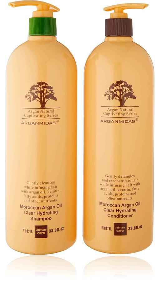 ARGANMIDAS Moroccan Oil Clear Hydrating Shampoo and Conditioner 2 Pack Bonus Size 33 oz. each Safe for Color Treated Hair UV Protection Salon Quality with Keratin enzymes