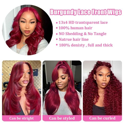 ZGBZGB 99j Burgundy Lace Front Wigs Human Hair 13x4 HD Transparent Body Wave Lace Front Wigs Human Hair Pre Plucked 180% Density Glueless Red Human Wigs for Women (24 Inch)