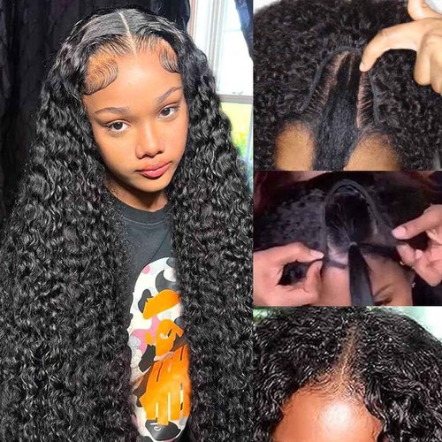 Lucasar Deep Wave U Part Human Hair Wig Curly U Part Wigs Glueless Human Hair wigs for Black Women Natural Color 180% Density 14 Inch