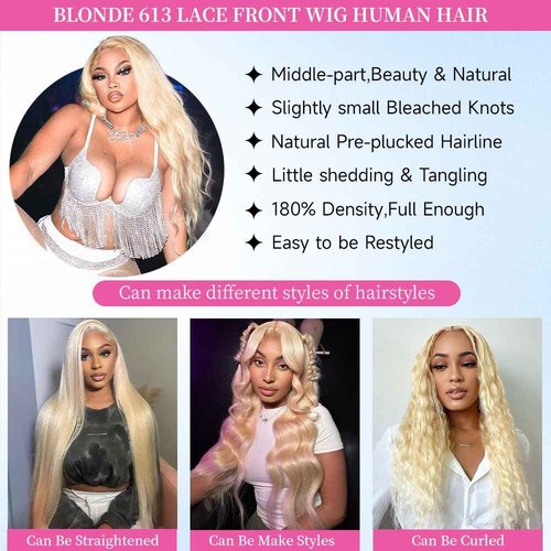 ZNNU 28 Inch 613 Lace Front Wig - Body Wave Blonde Human Hair - 200 Density Pre-Plucked - HD Lace Frontal Wig for Women
