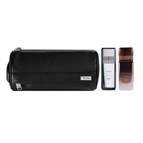 TUMI Dopp Kit Gift Set - Includes ATLAS [00:00 GMT], CONTINUUM [12:00 GMT] & Travel Toiletry Bag - .5 oz Eau de Parfum (Pack of 2)