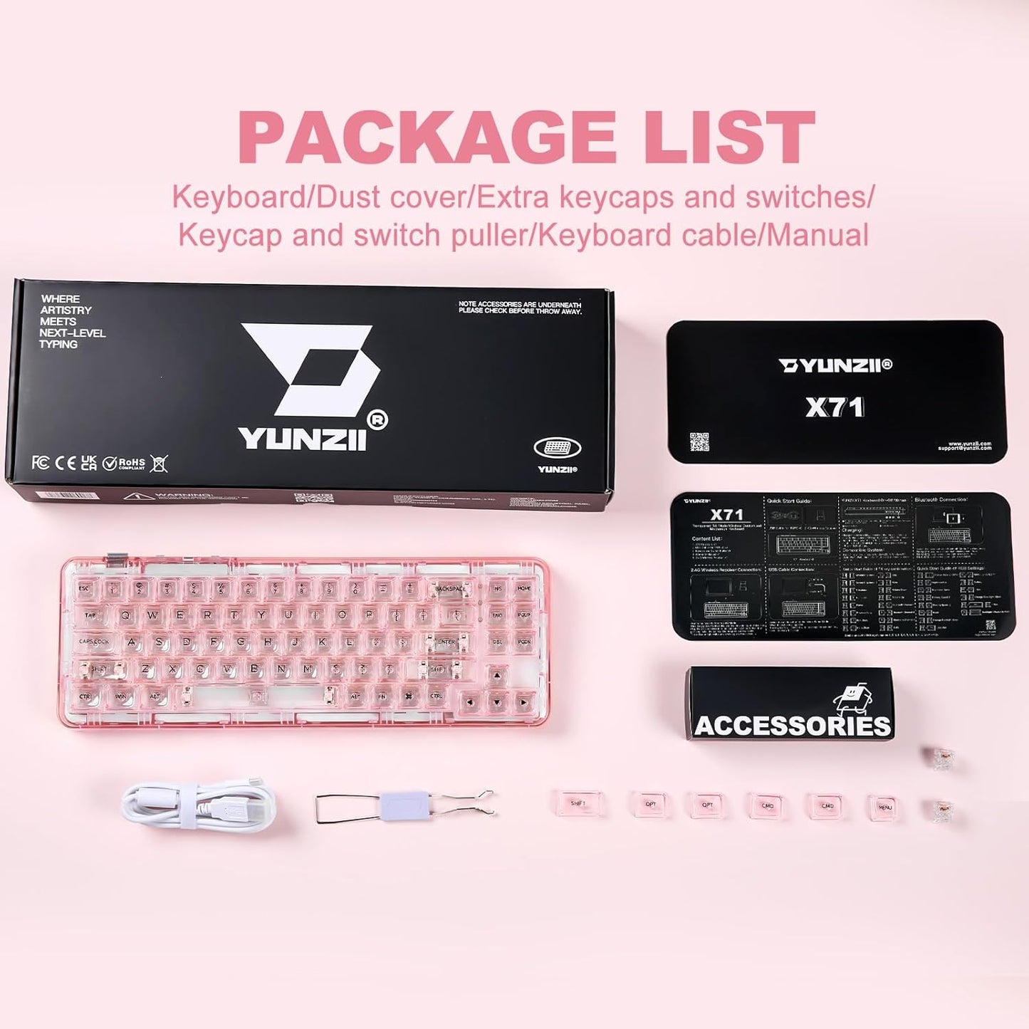 YUNZII X71 Wireless Hot Swappable Transparent Mechanical Keyboard with Clear Keycaps, 68% Layout, BT5.0/2.4G/USB-C Gasket Mount Wireless RGB Backlit for Windows/Mac(Crystal Ice Switch,White)