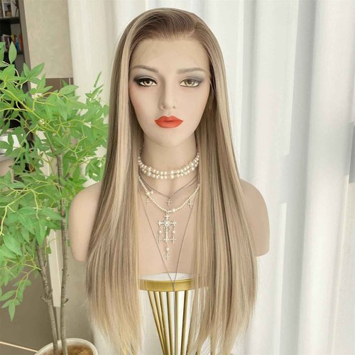 VASTCURY Ash Blonde Wigs Highlight Brown Ombre Color 13x4 Synthetic Fiber Lace Front Wig Long Silky Straight 22Inch Pre Plucked Hairline for Women