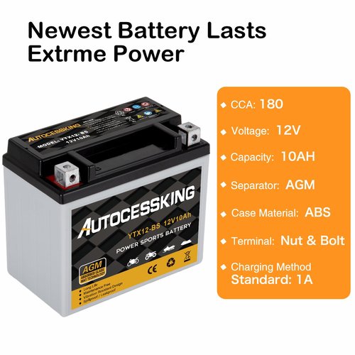 YTX12-BS Motorcycle Battery, 12V 10Ah Rechargeable Maintenance Free Sealed AGM Battery Powersport Replacement Battery for ATV and Scooter