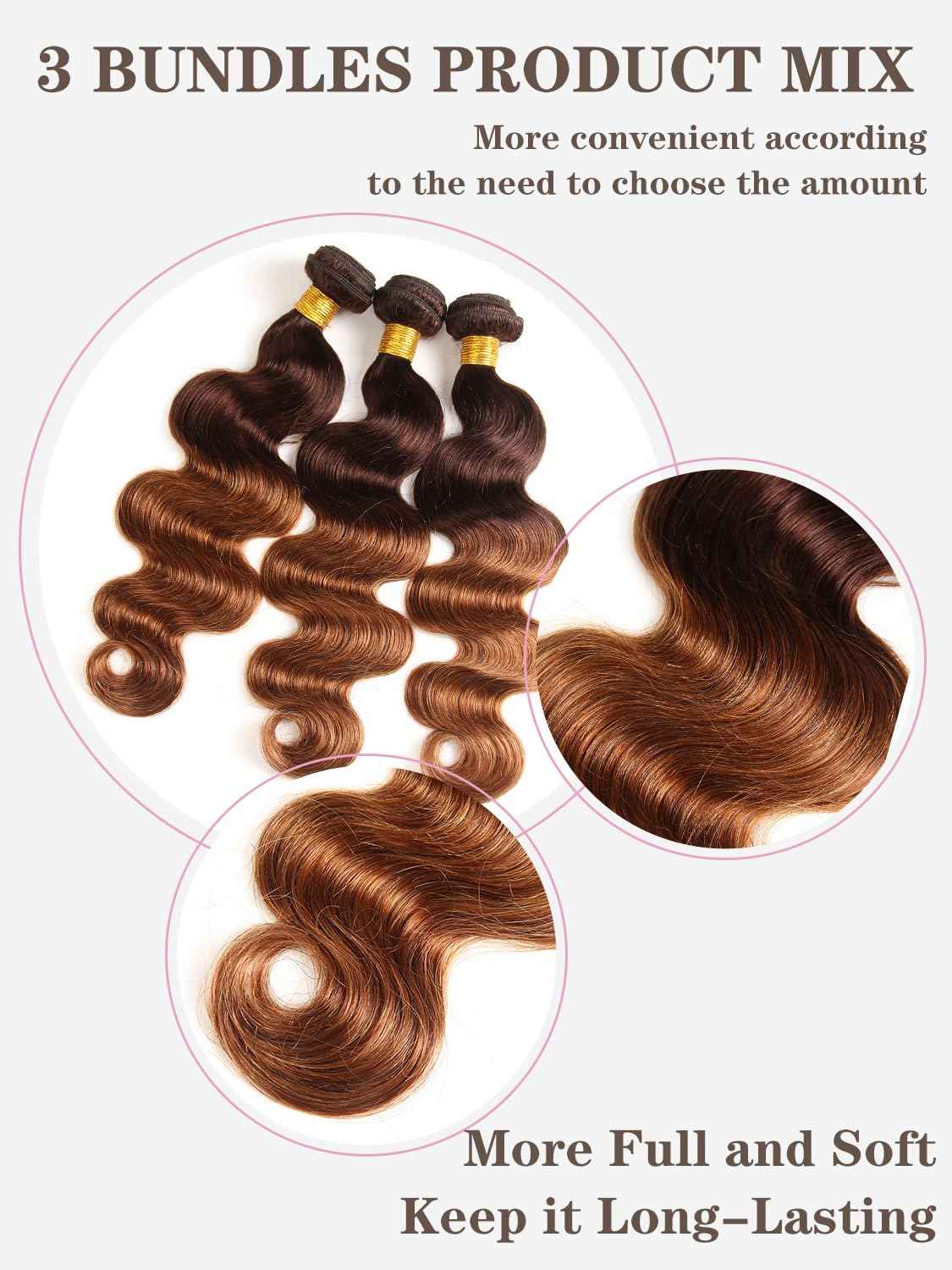 2 Tone Ombre Brazilian Body Wave Hair 3 Bundles Brazilian Remy Virgin Human Hair Weave Bundles 100% Unprocessed Body Wave Human Hair Extensions T4/30 Medium Brown/Medium Auburn(10 12 14)