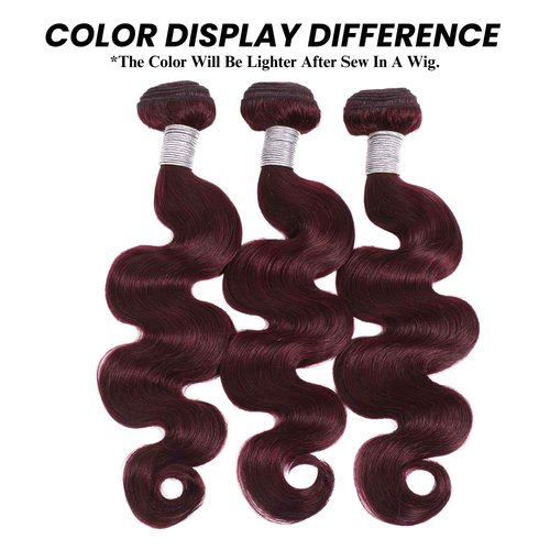 ALHER #99j Dark Burgundy Body Wave Bundles with 2x6 Closure, Purplish Wine Red Color 3 Bundles with 2x6 Long Deep Part Closure With Baby Hair, 100% Real Human Hair 10 12 14 +10 Inch