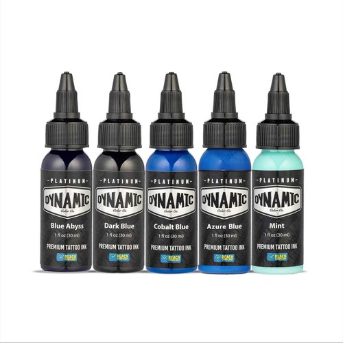 Dynamic Color Co- Tattoo Ink Set: Lagoon - Dive into Brilliance with 5 Vibrant Blue Shades (1 oz Each) from The Platinum Collection. Reach Compliant, Crafted in Spain. Since 1990