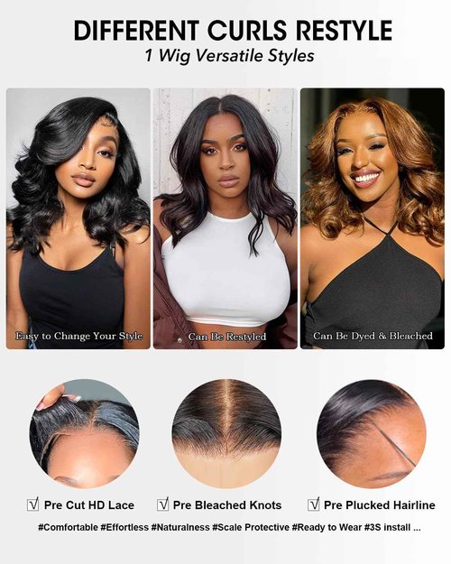 Layered Cut Curtain Bangs Face-Framing Bob Wig Human Hair 9x6 Glueless Wigs Human Hair Pre Plucked Pre Cut HD Lace 250 Density Loose Body Wave Ready to Wear Closure Wigs Human Hair for Women 14 Inch