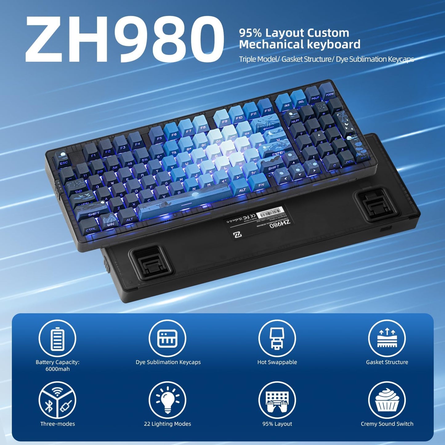 ZORNHER ZH980 Wireless Mechanical Gaming Keyboard,95% Blue Hot-Swappable Custom Creamy Keyboard with Number Pad,Shine Through Dye Sublimation PBT Keycaps,Pre-lubed Linear Switches,RGB Backlit