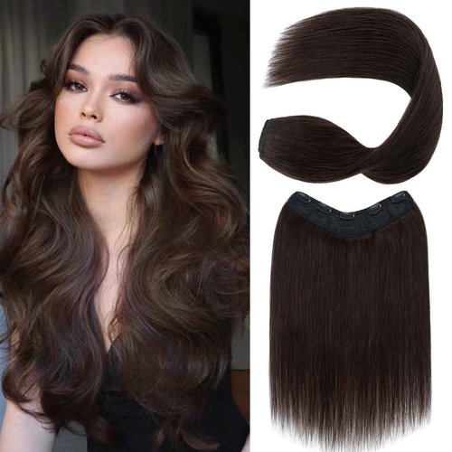 S-noilite One Piece Clip in Hair Extensions Human Hair One Piece/5 Clips 3/4 Full Head V Part Weft Thicker Hair Lace Net One Piece Hair Extensions Clip in Human Hair (16"-65g,#02 Dark Brown)