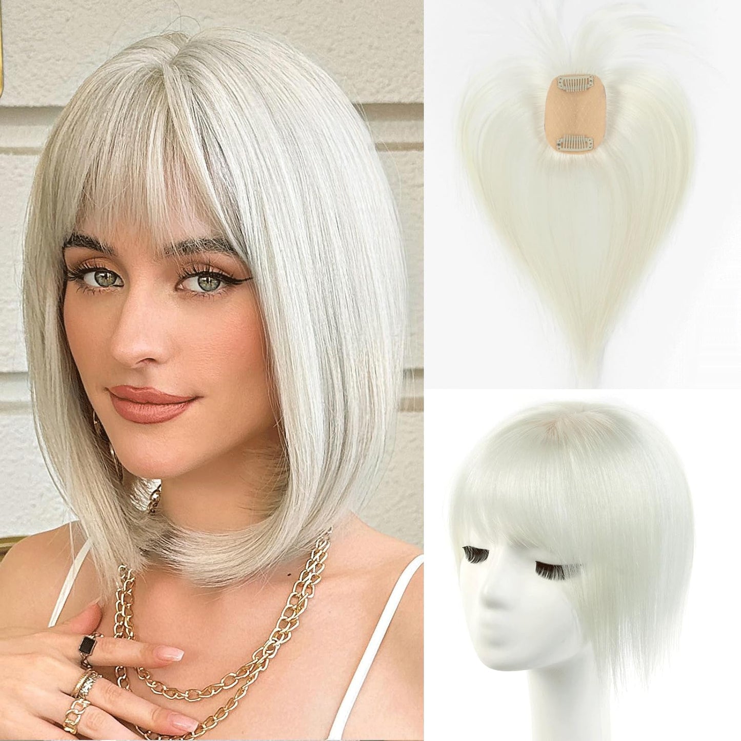 12 Inches 100% Human Hair Toppers for Women Pure White Hair Topper, Clip-In Hair Pieces for Thin Hair, Adds Volume,360°3D Covers Bald Spots（12#1001）