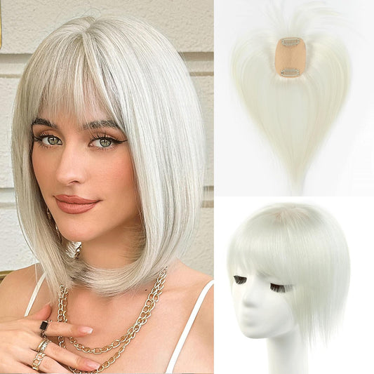 12 Inches 100% Human Hair Toppers for Women Pure White Hair Topper, Clip-In Hair Pieces for Thin Hair, Adds Volume,360°3D Covers Bald Spots（12#1001）