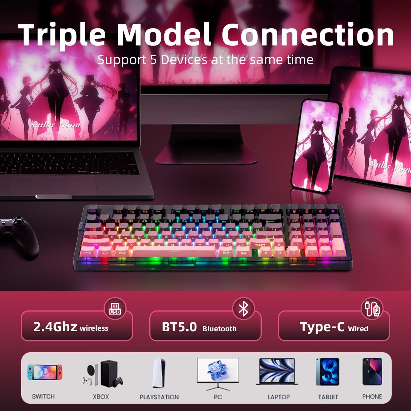 ZORNHER ZH980 Wireless Mechanical Gaming Keyboard,95% Pink & Purple Custom Keyboard with Number Pad,Lighted Up PBT Keycaps,Pre-lubed Clicky Blue Switches,Hot-Swappable,RGB Backlit,2.4GHz/USB-C/BT5.0
