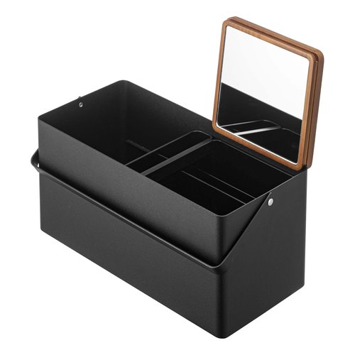 Yamazaki Home Tower Large Makeup Organizer Cosmetic Caddy with Handle Vanity Storage Drawer with Lid - Steel + Wood -, Black