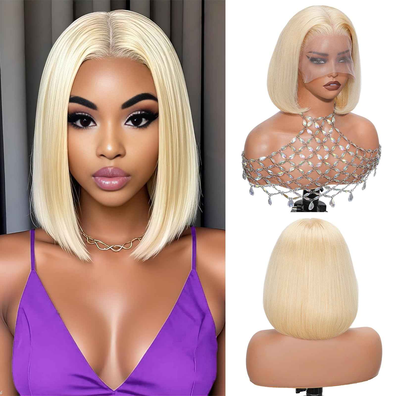 Geomone 16 Inch Blonde Bob Wig Human Hair 180 Density HD Lace Front Wigs Pre Plucked With Baby Hair 613 Bob Wig Human Hair 13x6 Lace Frontal For Women Blonde Wig Suits For Daily Life And Parties