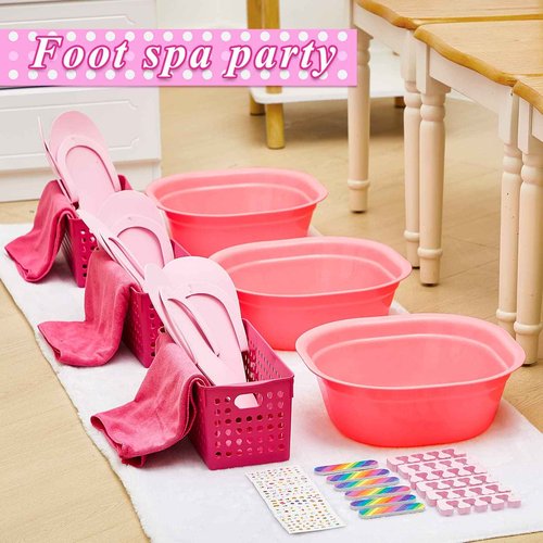 Mumufy 6 Sets Kids Foot Spa Kit for Girl Spa Party with Pink Washbasin Salon Towels Nail Kit for DIY Manicure and Pedicure Set with Foot Care for Sleepovers Slumber Party(Rose Pink)
