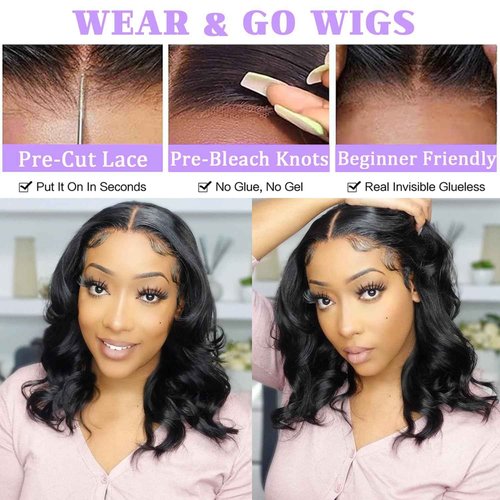 Wear and Go Glueless Wigs Human Hair Pre Plucked Pre Cut Body Wave Bob Wig for Black Women 4x4 Lace Closure Glueless Wigs Black Wig Bleached Knots 180% Density 12 Inch