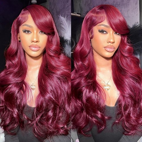Midulla 99J Burgundy 13x4 HD Body Wave Lace Front Wigs Human Hair 28 Inch Transparent Lace Front Wig 200% Density Glueless Wine Red Colored Body Wave Frontal Wigs Pre Plucked with Baby Hair