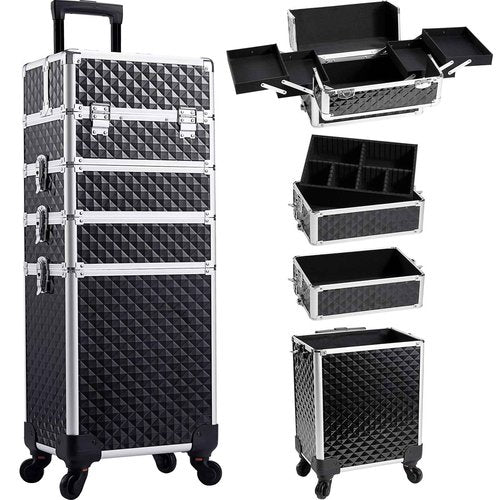 Yueieoun Rolling Makeup Train Case, 4-in-1 Cosmetology Case on Wheels, Nail Tech Cart for Travel, Professional Cosmetic Vanity Case, Suitcase for MUA/Manicure/Tattoo/Style, Lockable Storage Box, Black