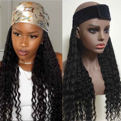 Boho Box Braids Band Wig with Human Hair Curly Ends Grab & Go Boho Band Braids Hair Extensions Goddess Boho Briaded Hat Wigs without Cap 18inch Natural Black