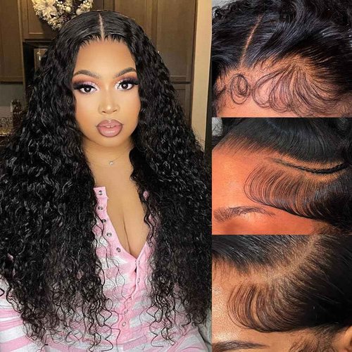 YYAD 13x4 Deep Curly Glueless Wigs Human Hair Deep Wave Lace Frontal Wet and Wavy Wig 24 Inches 180 Density Water Wave Lace Front Wigs Human Hair Pre Plucked with Baby Hair Natural Black 1B